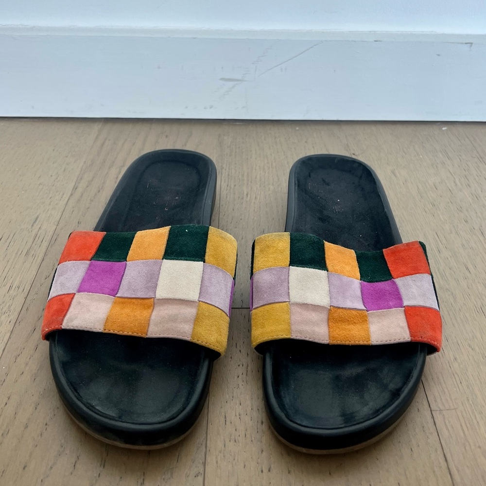 CHARLOTTE STONE JACQUIE MULTICOLOR WOVEN PATCHWORK SUEDE SANDAL